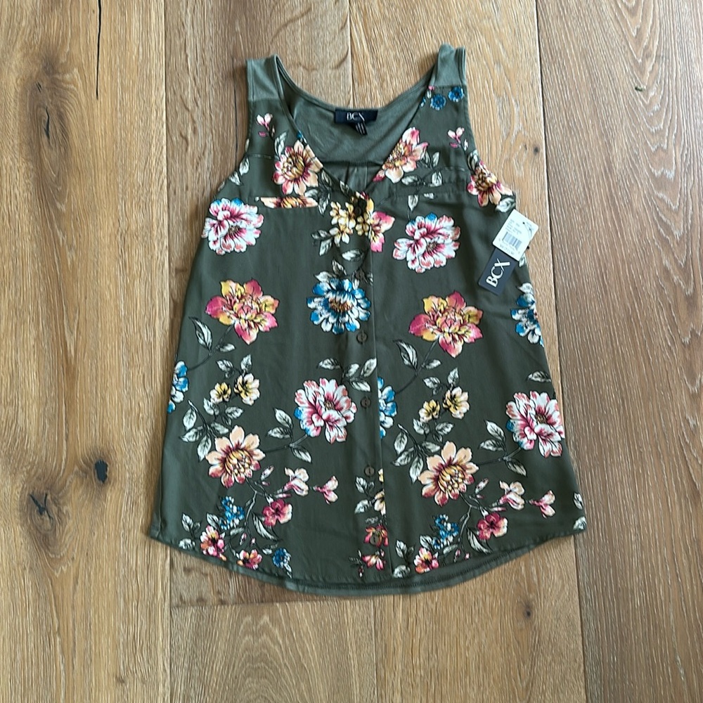 BCX floral tank top, medium, olive green, polyester&rayon